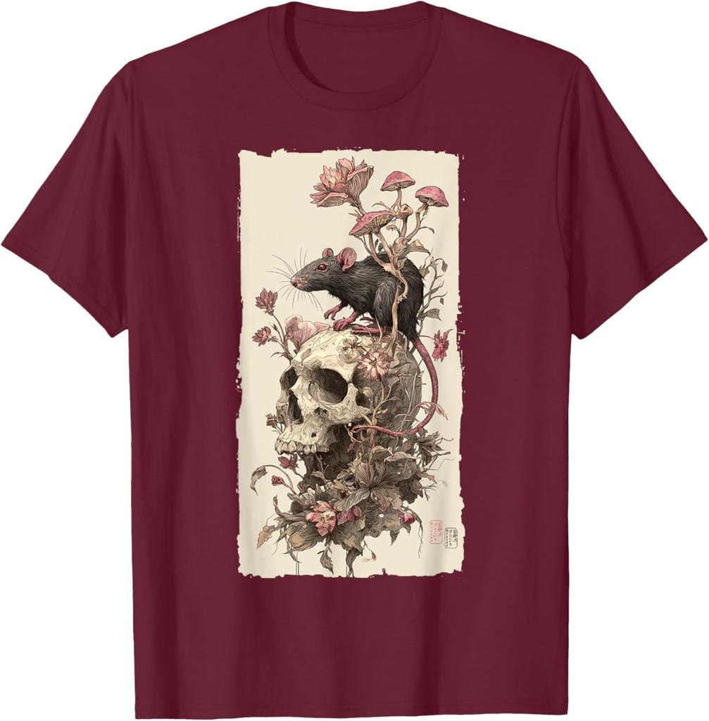 Gothic Rat Skull Mushroom Print Mens Casual Cotton Graphic Tee Soft Breathable TShirt