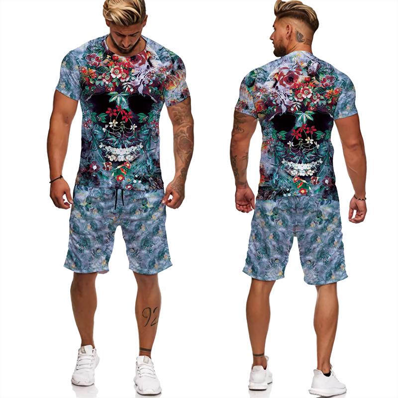 Skull Floral 3D Print Suit for Men Tshirts/Shorts 2pcs Vintage Outfits Sets Gothic Trendy Streetwear Tracksuit Clothing for Male