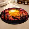 Stained Glass Wolf Howling Round Carpet Wolf Silhouette Art Non-Slip Floor Decor Mat for Living Room Bedroom Home Decor Rug