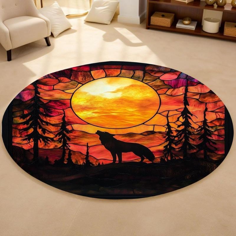 Stained Glass Wolf Howling Round Carpet Wolf Silhouette Art Non-Slip Floor Decor Mat for Living Room Bedroom Home Decor Rug