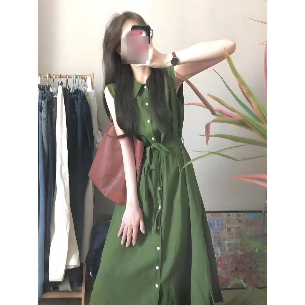 French green sleeveless POLO collar shirt dress children's simple and generous cotton and linen high-end feeling lazy and loose summer