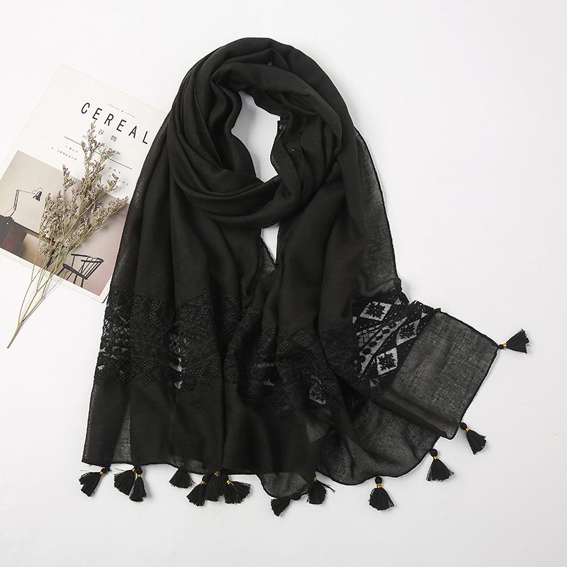 Elegant Lace Cotton Scarf With Tassel Shawl For Women Fashion Geometry Design Muslim Hijab Big Size Scarves 210*70Cm