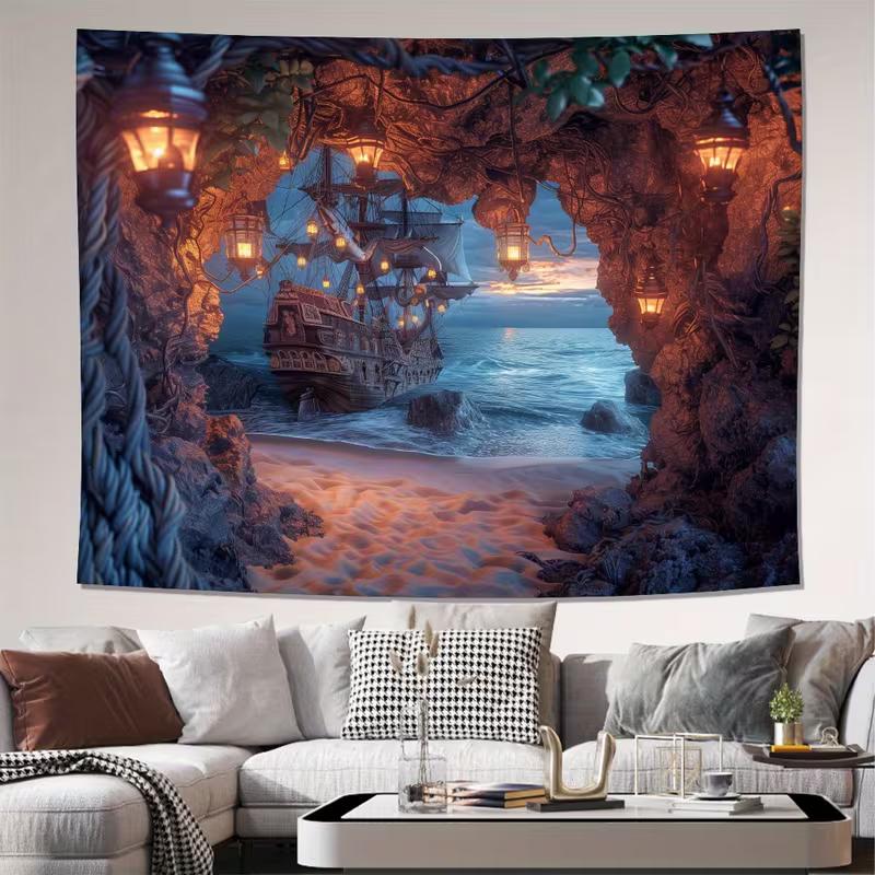 2D Pirate Ship Wall Tapestry, Cave View Ocean Adventure Art Wall Hanging for Home Decoration 47.2x31.5inch/120*80cm