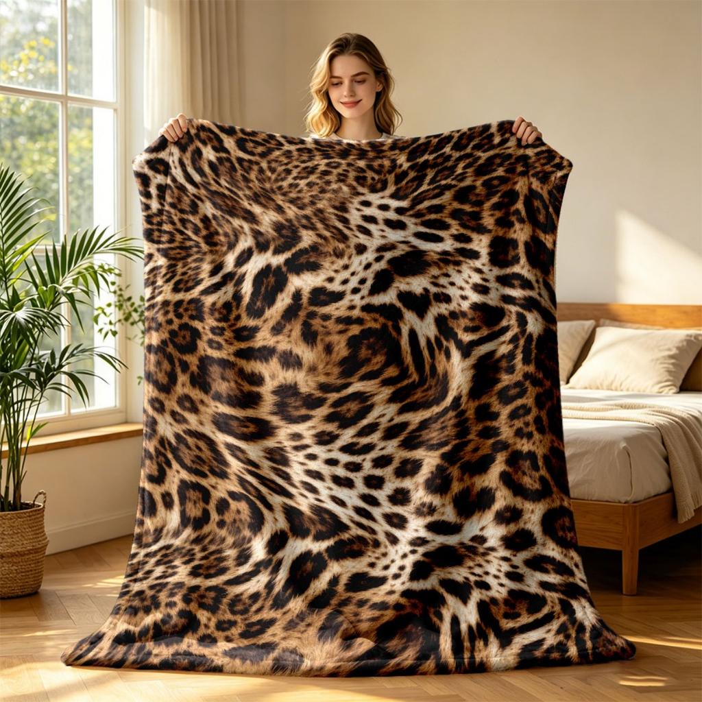 1pc Flannel Blanket | Faux Brown Leopard Print Artificial Plush Jacquard | Warm And Skin-Friendly | All Seasons | Fleece Blanket | Suitable for Bedroo