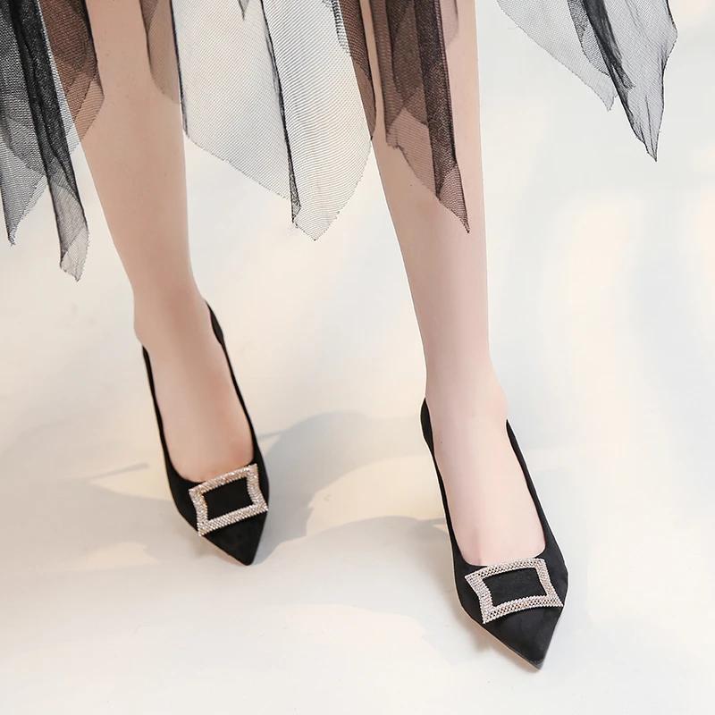 Fashion Velvet Shoes Women Work Dress Professional Black Heels 2024 Pointed Pumps Shallow Mouth Sexy Sandals Footwear Lace-Up Slip On Of