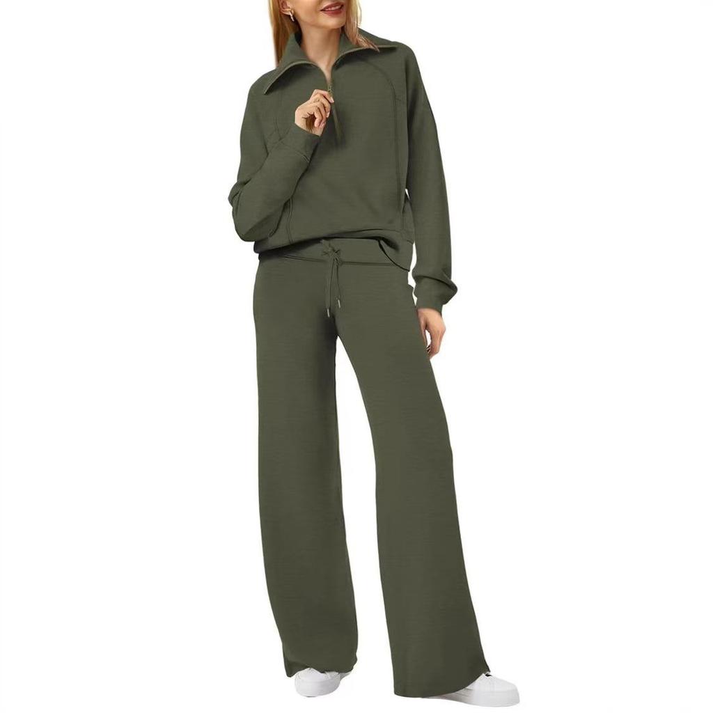 European and American Women's Oversized Half-Zip Sweatshirt with Wide-Leg Sweatpants Set.
