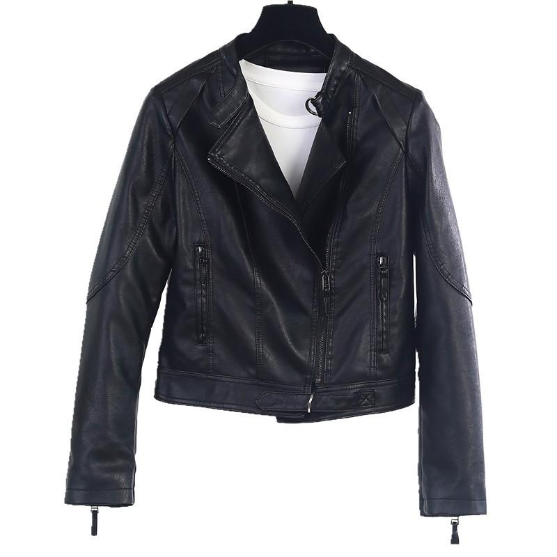 Womens Stand Collar Slim Fit PU Leather Moto Jacket Short Casual Coat