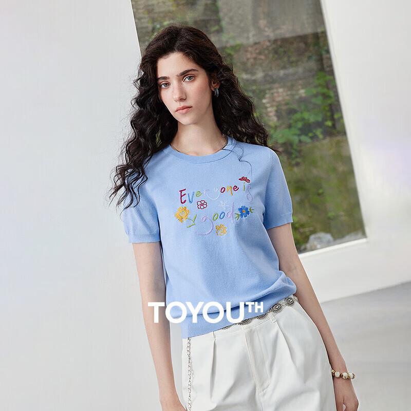 Women s Round Neck Colorful Embroidered Knit Top L
