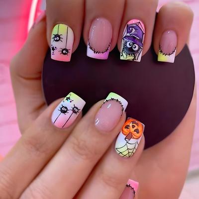 24Pcs Halloween Press On Nail,Square Fake Nail Acrylic Nail Spiders False Nail Stick On Nail Full Cover Fake Nail Gifts