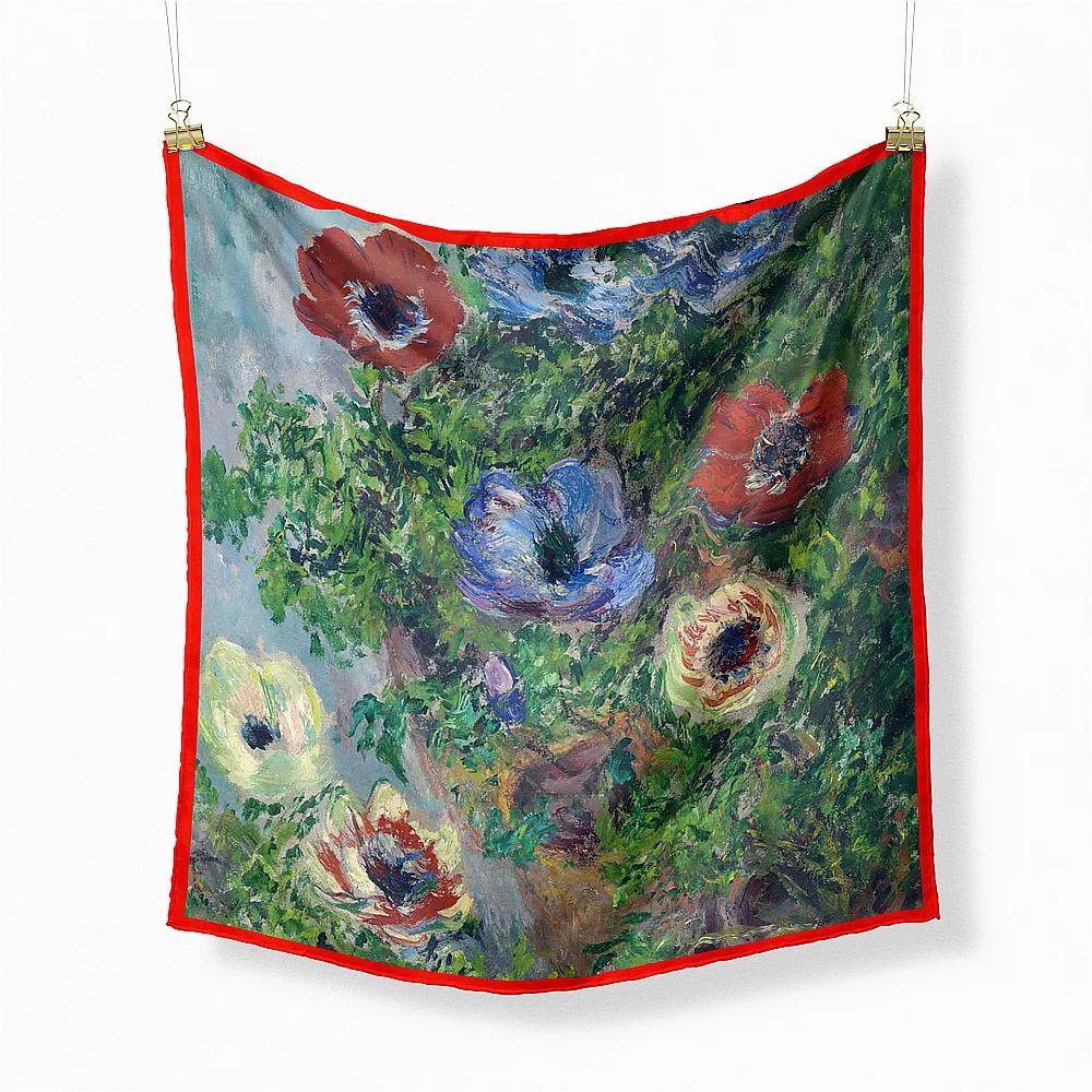 Oil Painting Twill Silk Scarf Women Bandana Foulard Female Headbands Neck Kerchief Fashion Print Square Scarves