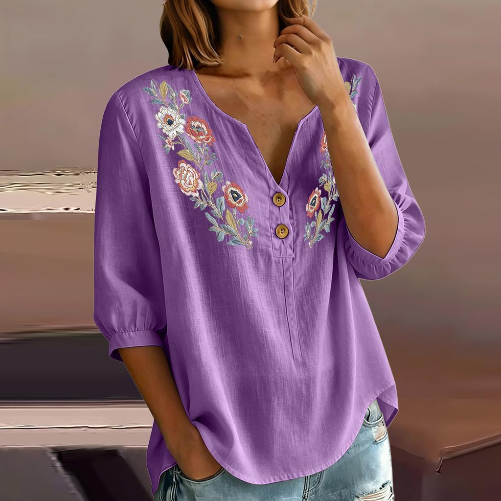 Damen Florale Stickerei Henley Knopfleiste Dreiviertelärmel Leinen Baumwolle Bluse Lässig Lockerer Schnitt Hemd