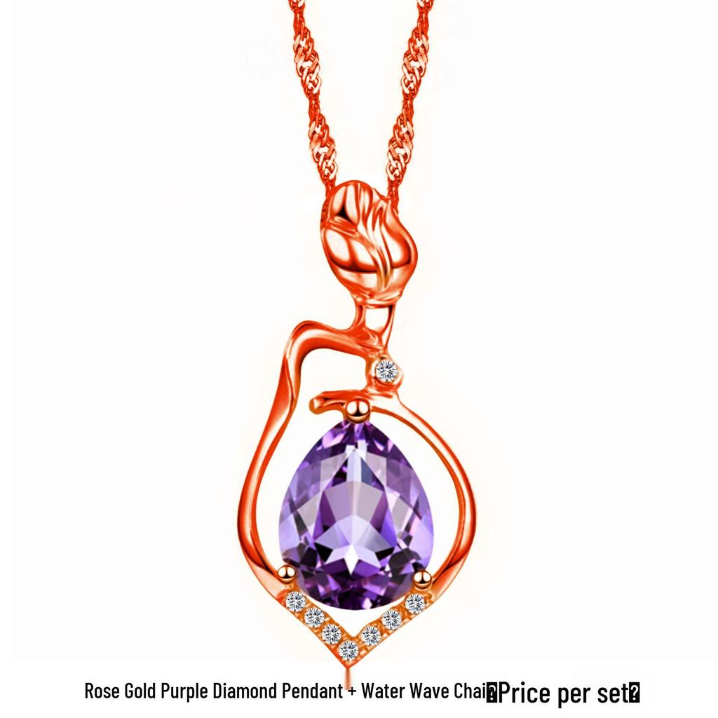 Amethyst Purple and Rose Diamond Pendant Women's Necklace - Short Clavicle Chain