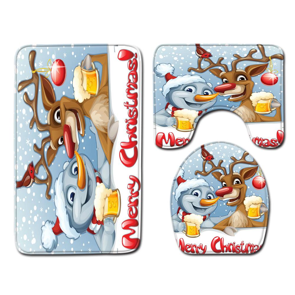 Christmas Shower Curtain Polyester Cloth Toilet Seat Four-Piece Set Entrance Door Mat Bedroom Living Room Floor Mat Carpet