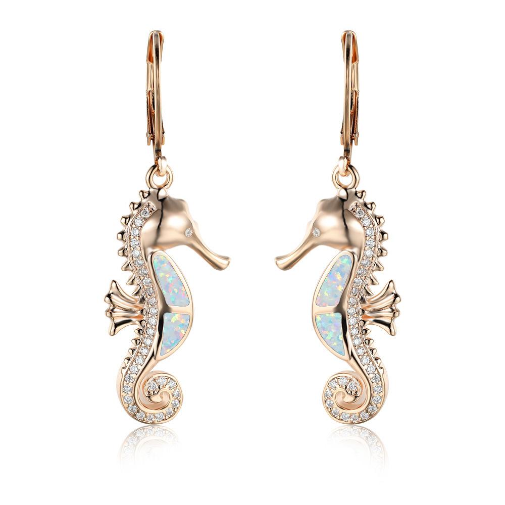 Série Ocean Wind Modrobílé Australské Poklady Mikroosazené Bílými Diamanty Náušnice s Mořským Koníkem