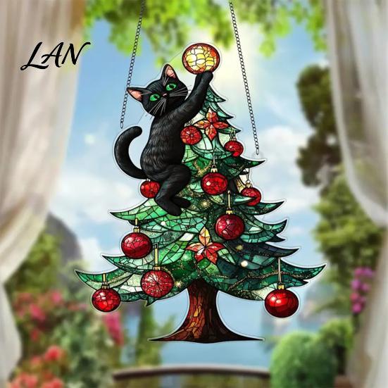 Indoor Outdoor Festive Decor Christmas Suncatcher, Stained Glass Style Window Hanging Ornament, Cute Cat Santa Decorative Sun Catcher Gift Claus