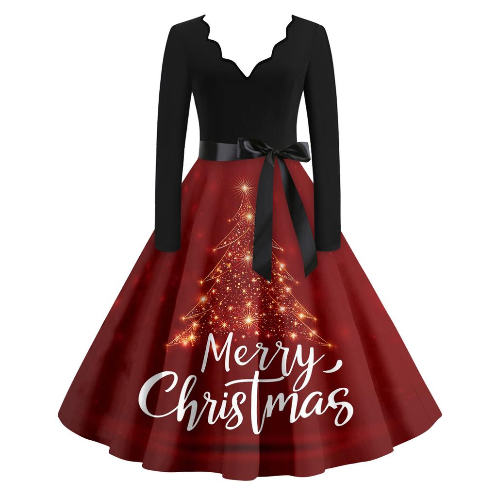 Women's Casual Fashion V Neck Christmas Printed Vintage Dress