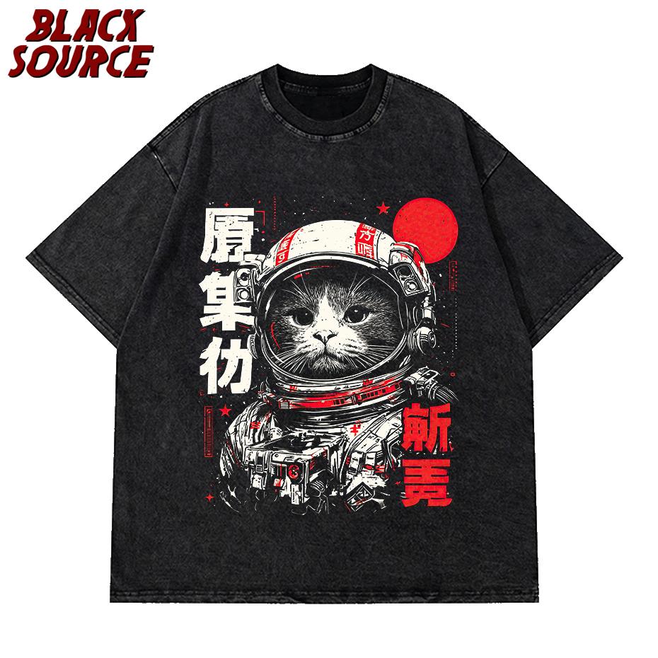 T Space Cat Courage Japanese Retro Kawaii Cute Astronaut Cat TShirt Cotton Oversized Unisex Tshirt Mens Clothing Fitness S