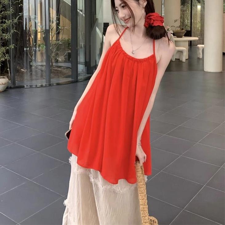 Red Off-the-Shoulder Halterneck Chiffon Top + Wide-Leg Skirt Two-Piece Set