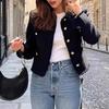 Blazers de Tweed Cropped Femininos Jaquetas Manga Longa Botão Abaixo Casaco Curto