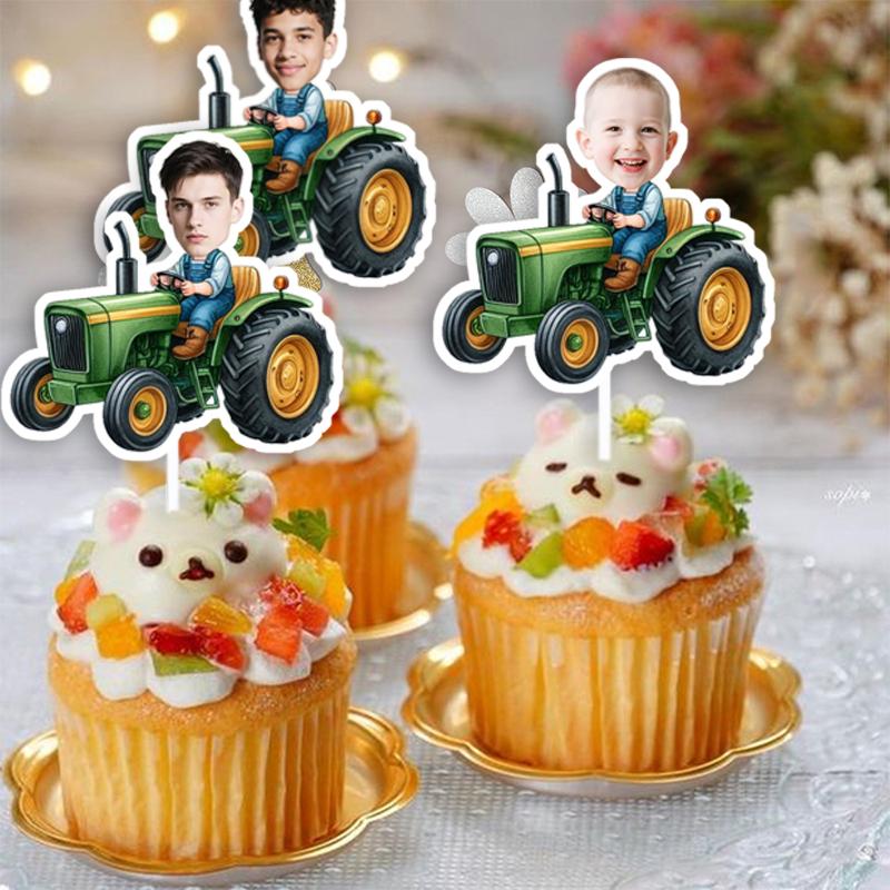 Customizable Tractor Stickers Personalized Baby Face With Ride Car Cake Toppers Custom Kids Birthday Banner Party Favors Supply