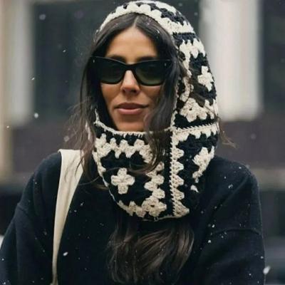 Damska dzianinowa czapka kominiarka ręcznie robiona na szydełku kwiatowy kwadrat wełniany jednoczęściowy czapka ciepła retro ins pullover czapka narciarska