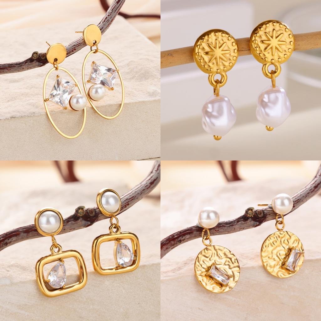 Stainless Steel Geometric Artificial Pearl Earrings 18K Gold-plated Anti Fading Earring for Women Vacation Wedding Jewelry Gifts