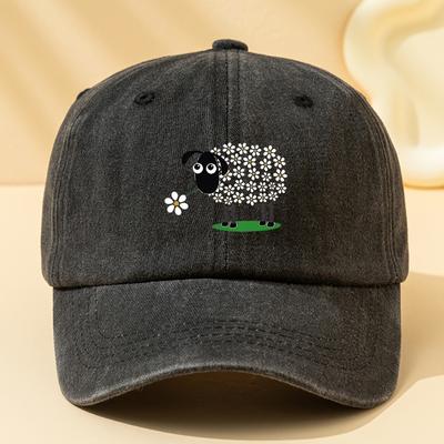Retro Washed Cartoon Sheep Flower Printed Baseball Cap, Lightweight, Soft, Adjustable Sun Hat Suitable for Outdoor Camping Trips