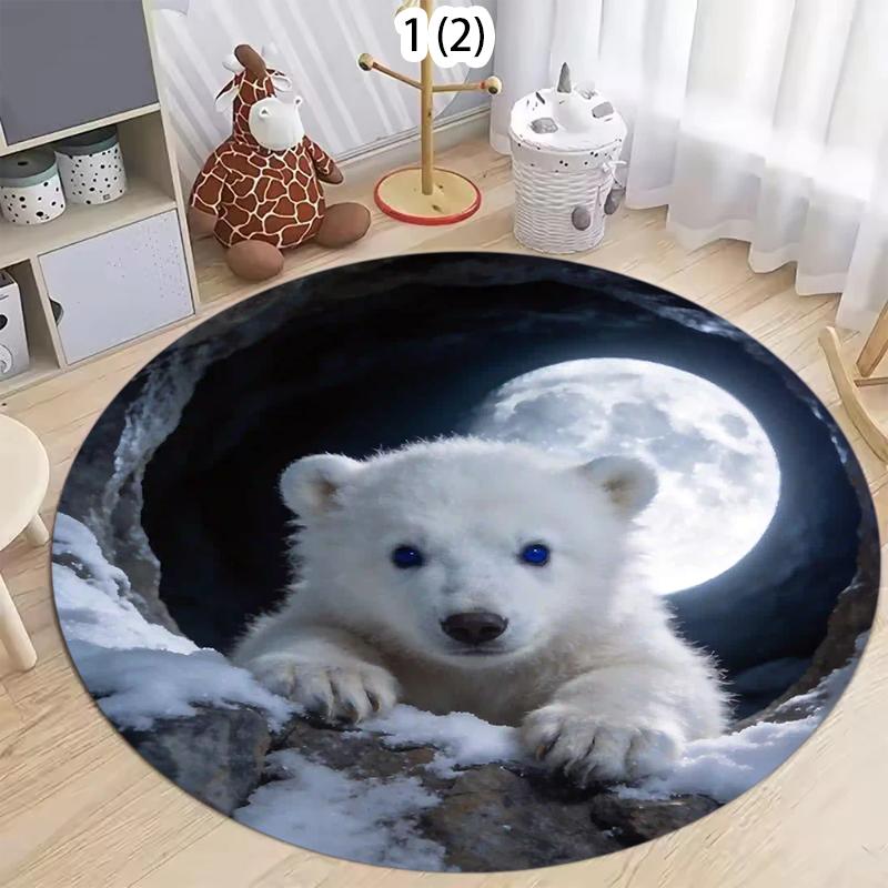 2D Polar Bear Hole Area Rug, Realistic Arctic Bear Print Round Carpet, Non-Slip Funny Floor Mat, Christmas Living Room Decor Rug