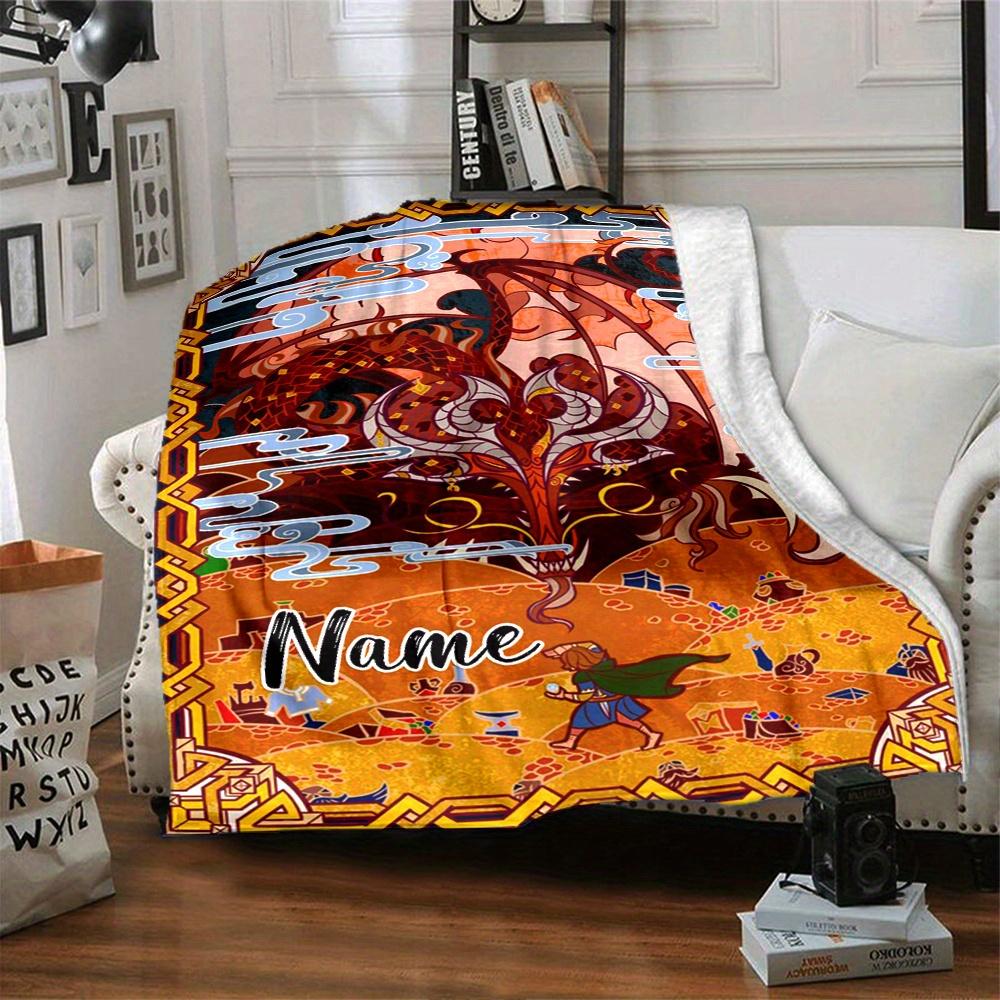 Fantasy Dragon And Warrior Blanket With Customizable Name Comfortable In All Seasons Suitable For Sofas Beds Travel Camping And Office Decoration A