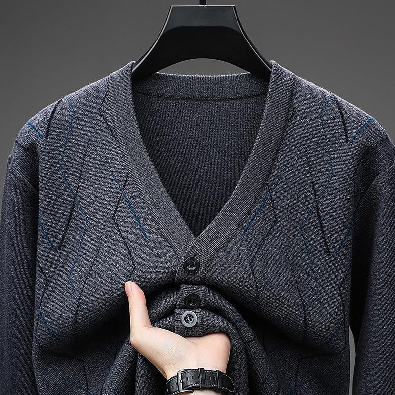Men Plaid Knit Button Cardigan Casual Sweater Outerwear For Middle Aged Men
