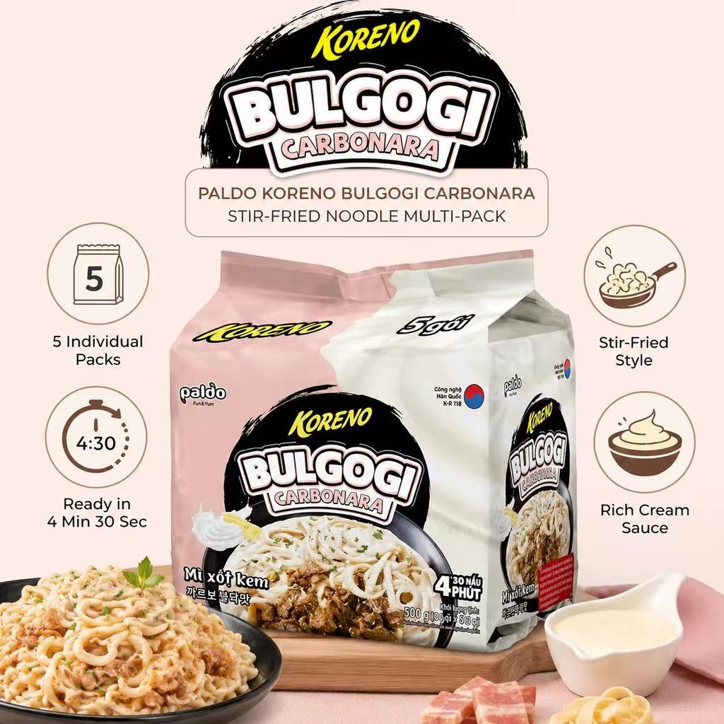 PALDO Noodle Saltati Gusto Panna e Bacon Multi-Confezione 100g*5 | Gusto Ricco Panna e Bacon, Consistenza Elastica dei Noodle, Cibo Istantaneo Conveniente