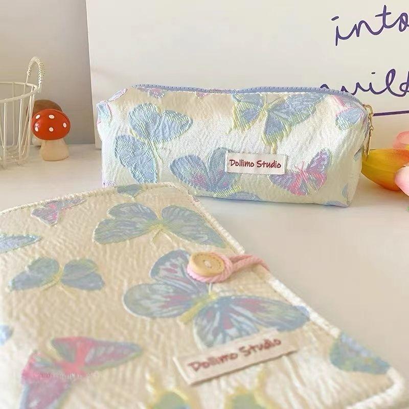 Pencil Case with Embossed Butterfly Design Simple Ins Style High-value Large-capacity Storage Pencil Case