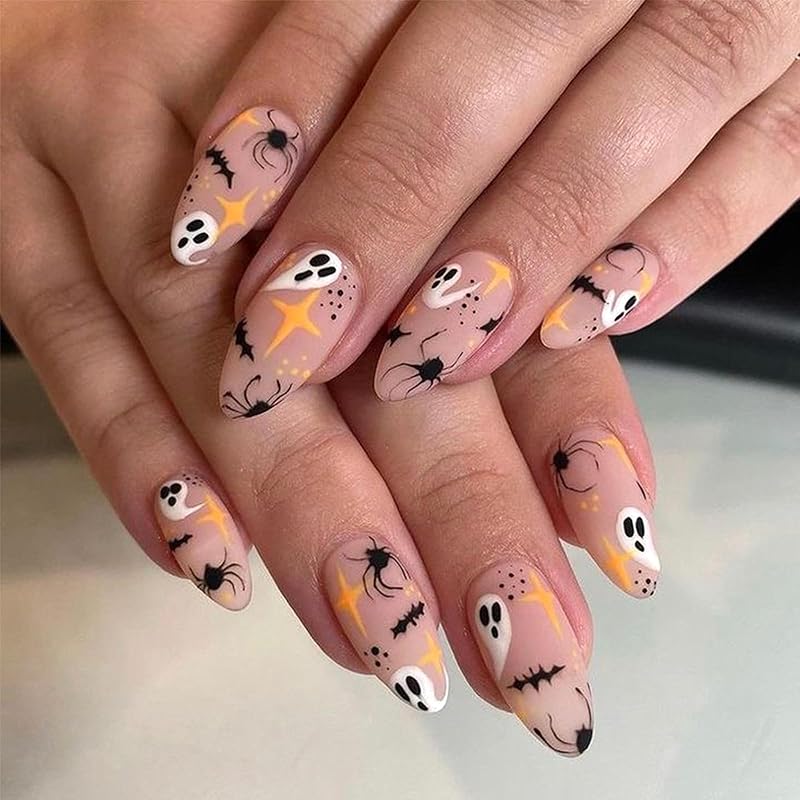 Halloween Press on Nails Medium Almond Fake Nails with Designs Cute Ghost Stick on Nails Rainbow Swirl False Nails Bat Acrylic Nails Cobweb