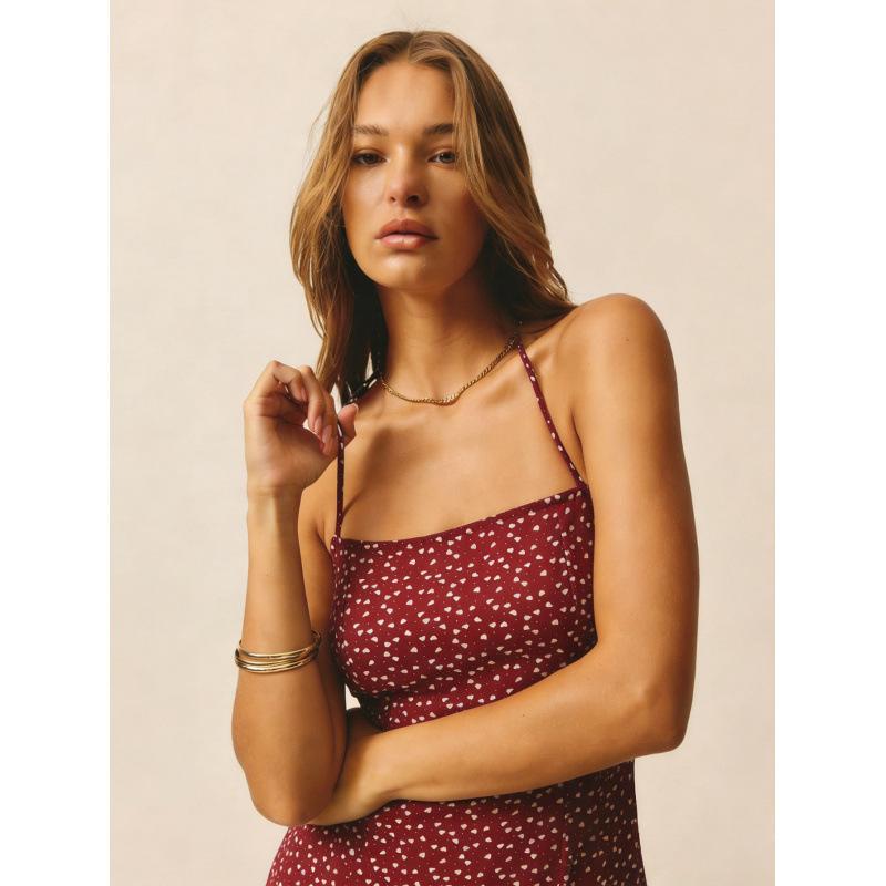 Summer new burgundy polka dot floral dress, waist ruffle edge short skirt for women