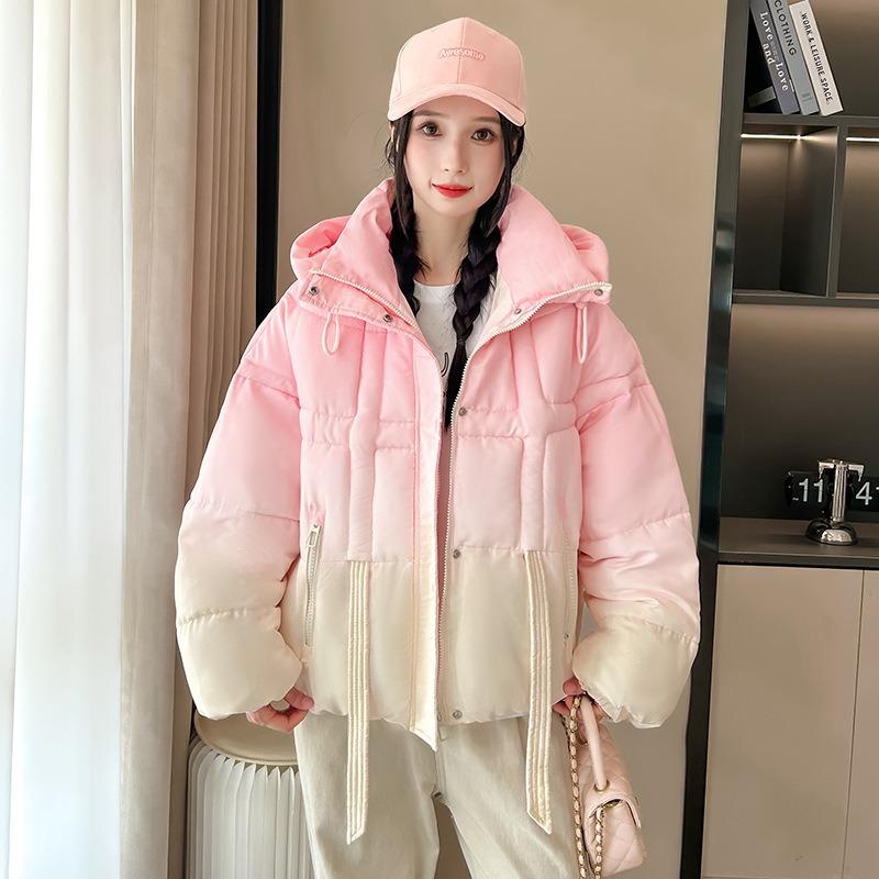 Pink gradual change hooded down cotton clothes women's winter new short small design sense dopamine jacket
