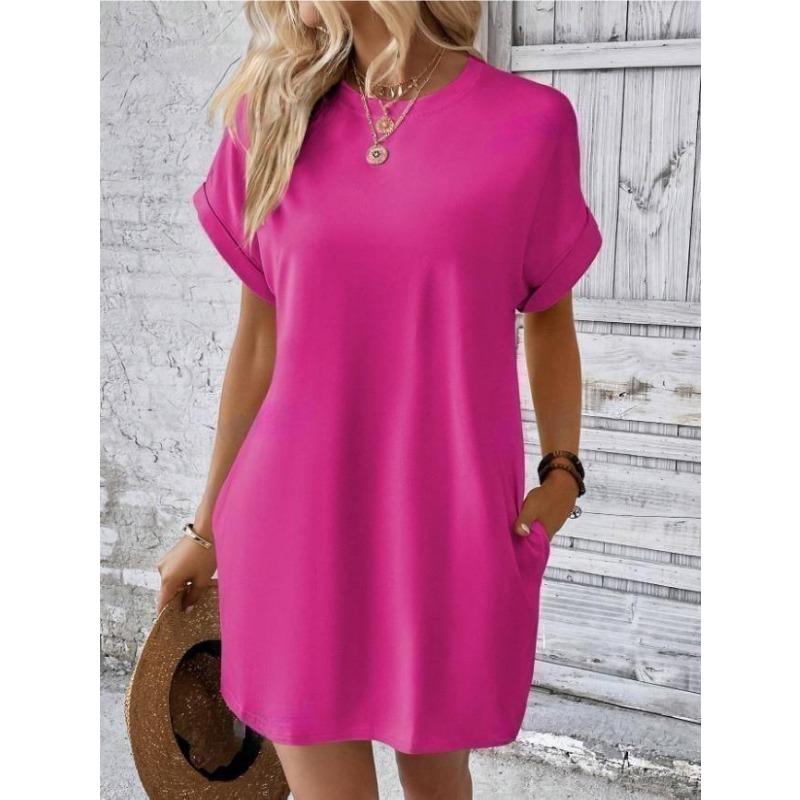 Fashion Women O Neck Short Sleeve Summer Dress Loose Solid Color Simple Basic Elegant Casual Party Short Dresses Female Women's Clothing