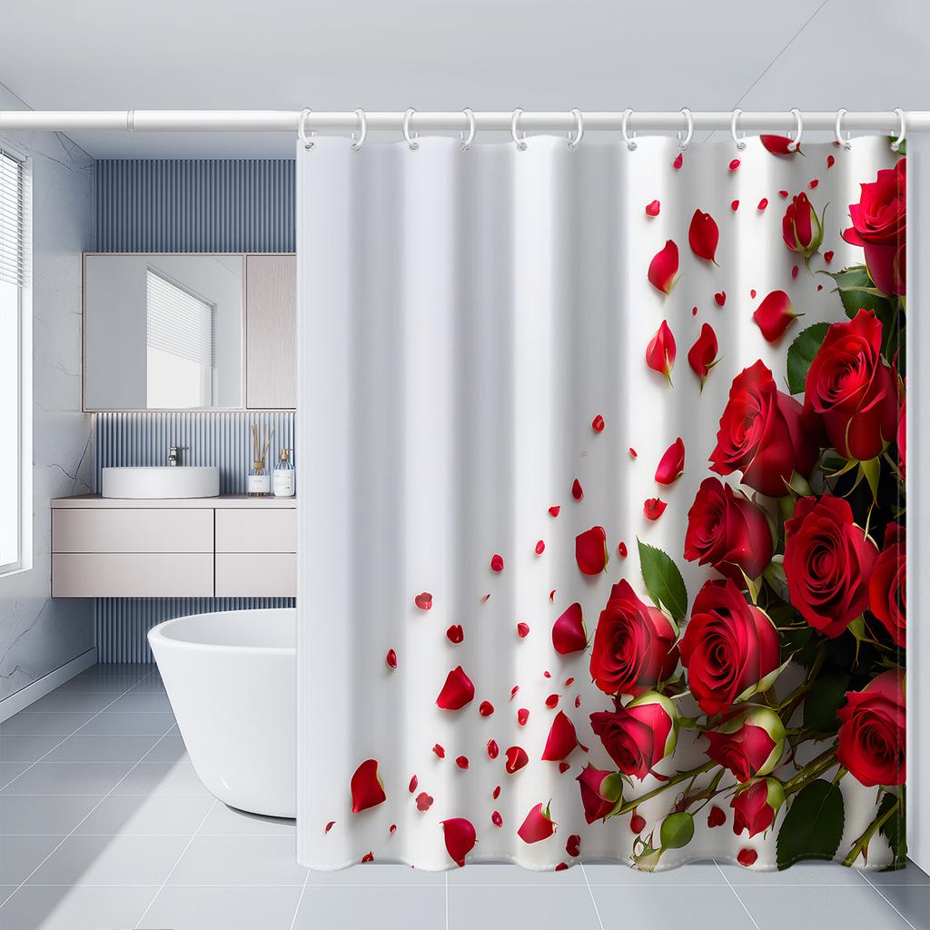 1Pc Valentine'S Day Red Rose And Green Leaves Print Shower Curtain - High Quality Polyester Fabric With Hook, Machine Washable