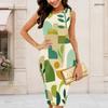Women Plus Size Round Neck Sleeveless Geometric Printed Bodycon Midi Dress