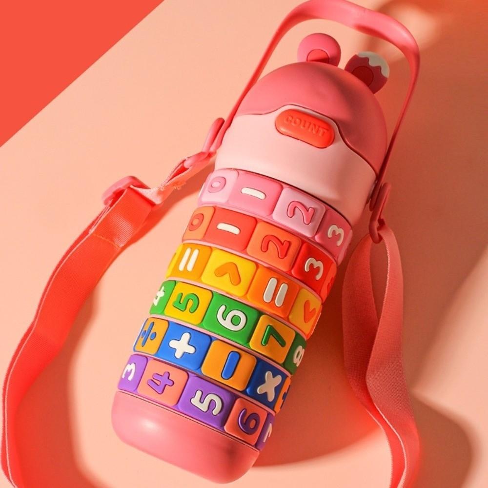 Cute Cartoon Bear Insulated Straw Cup Stainless Steel 430ml Kids Water Bottle with Shoulder Strap Leakproof Vacuum Flask 50ml