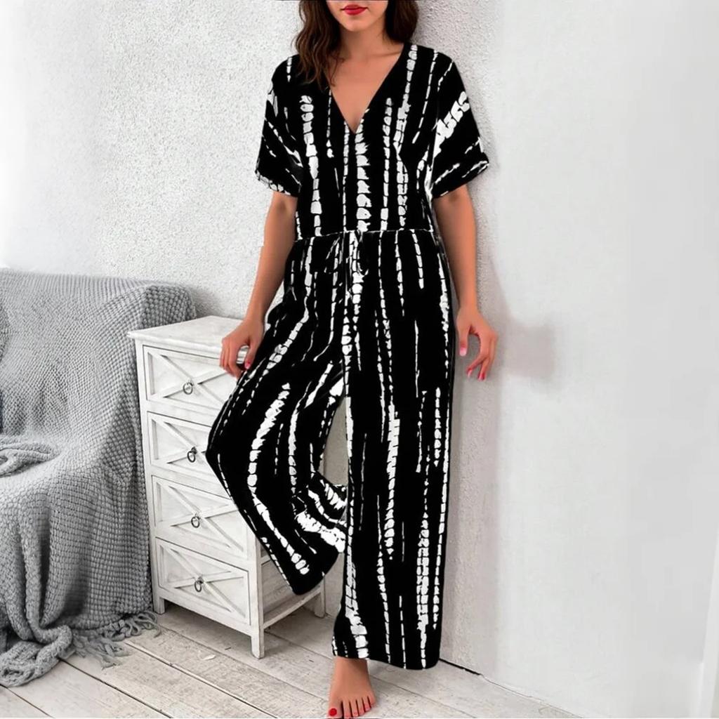 Women's Casual Resort V-Neck Top And Pants Fashion Print Two Piece Set