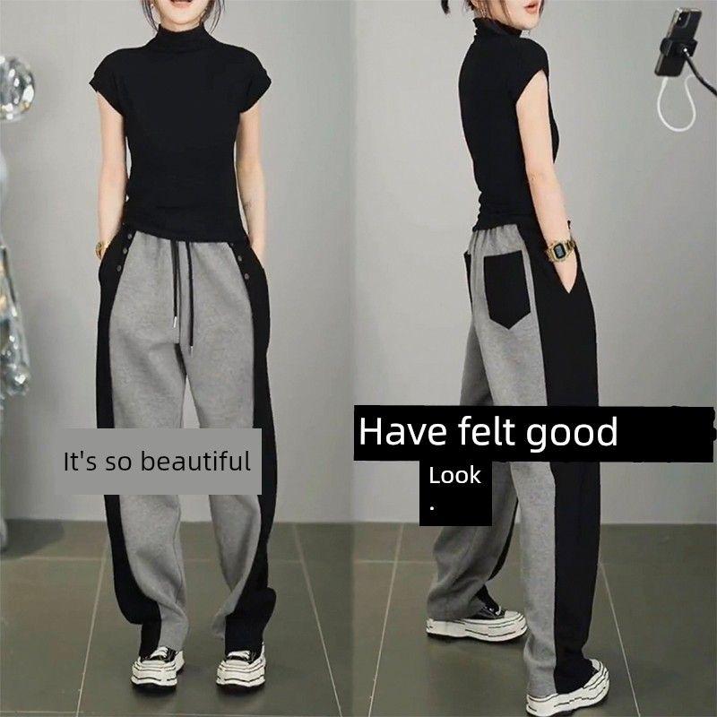 

South Korea Pear Shapes Trendy Casual Pants for Women High Waist Slim Looking Plus Size Loose-Fit Loose Loose Pants Gray and Black 3XL