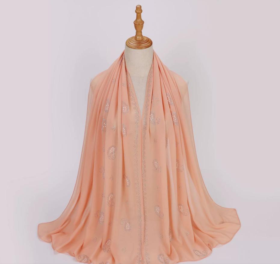 Fashion Muslim Chiffon Hijab With Rhinestones Diamonds Solid Headscarf Wraps Ramadan Islam Scarf For Women Turban Headband