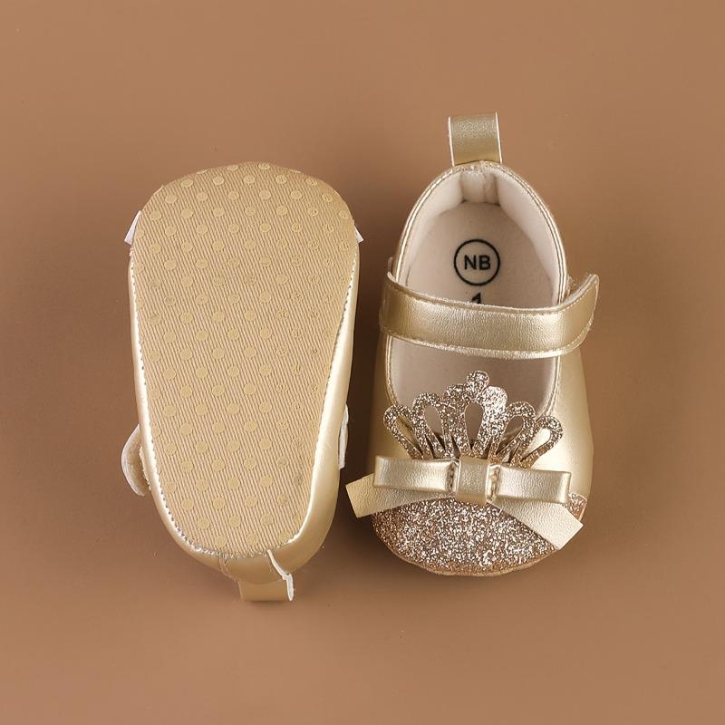 Flat Crown-Patterned Princess Shoes for Newborn Girls Aged 0-1, Featuring a PU Butterfly Knot And Glittery Design, Perfect for Spring And Summer