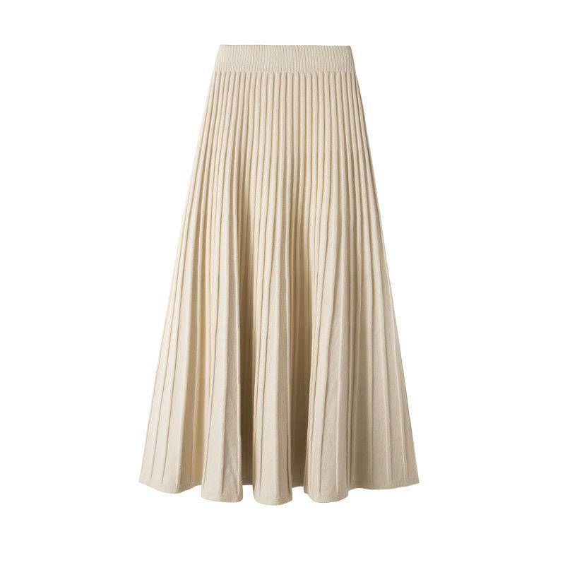 Women's High Waist Wool Knit A-Line Pleated Midi Skirt - Autumn/Winter Slimming Umbrella Hem
