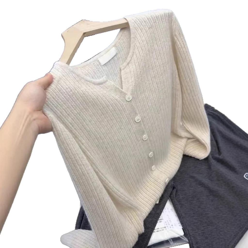 Women's Spring/Summer Wool Knit Cardigan – Half-High Round Neck, Plain Color, Versatile Outerwear Sweater.