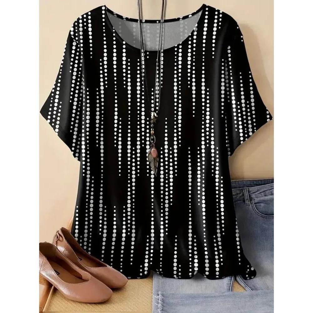 Women's Fashionable Breathable Round Neck Striped Grid Short Sleeved T-shirt Comfortable Soft Breathable Loose Summer Plus Size T-shirt