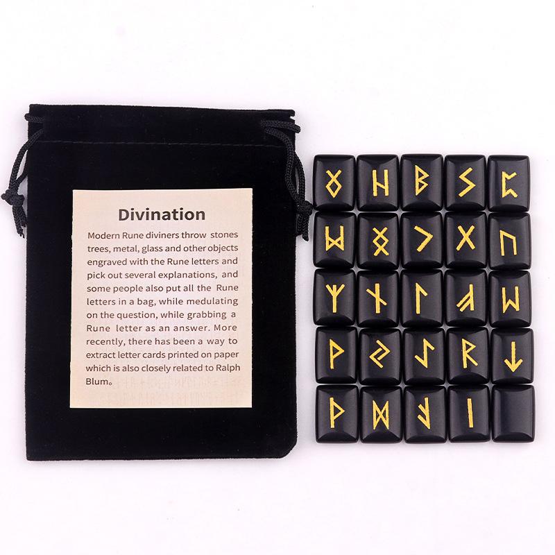 Set di 25 Pietre Runico Incise Alfabeto Futhark Antico Pietra Naturale Cristallo Curativo Reiki Meditazione Divinazione con Sacchetto di Velluto