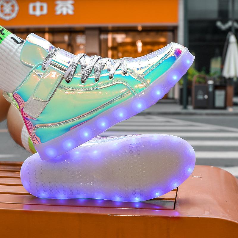 New Luminous Shoes High-top Men's Casual Shoes Children's Trendy Shoes Fashion Mirror Dazzling Lights Shoes Velcro Classmates