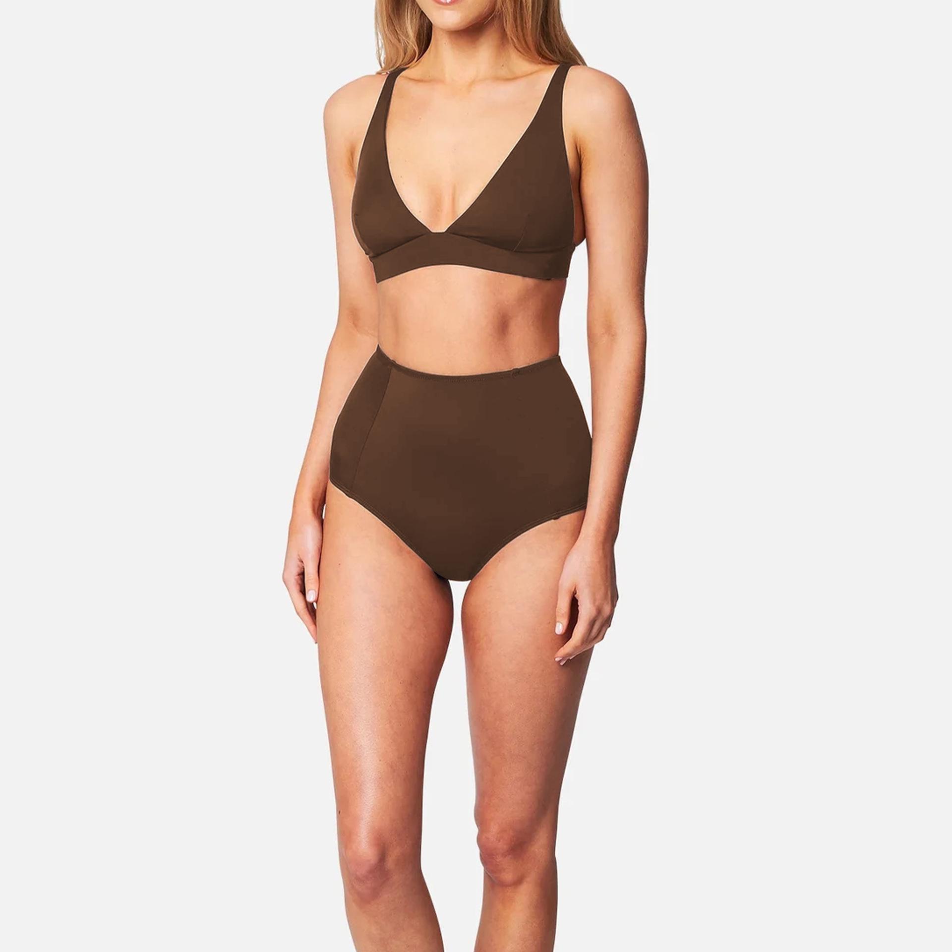 

Новый однотонный раздельный купальник-бикини на бретелях с высокой посадкой 2025 Medium коричневый