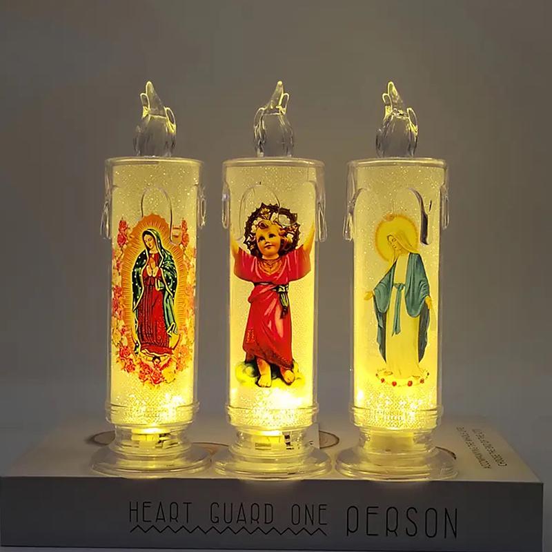 Flameless LED Prayer Candle with Jesus & Virgin Mary - Decorative Religious Night Light for Home Altar or Gift